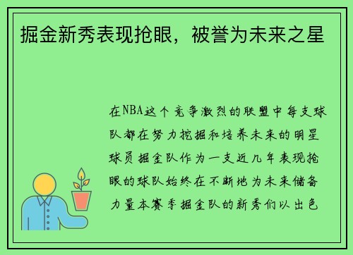 掘金新秀表现抢眼，被誉为未来之星